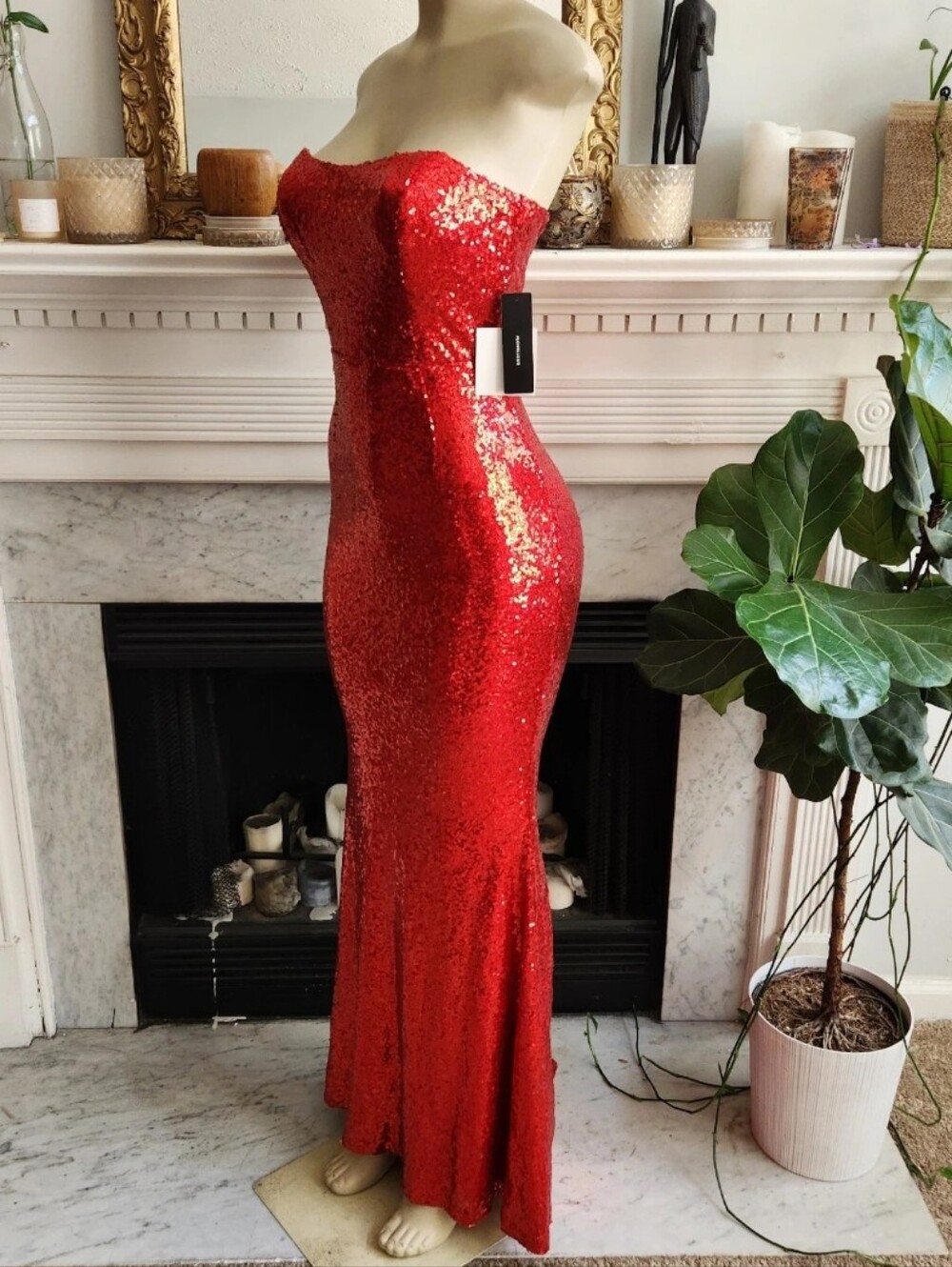 Lulus Red Sequin Mermaid Maxi Prom Dress Size M Strapless Stretch Glamoratti - Picture 3 of 9